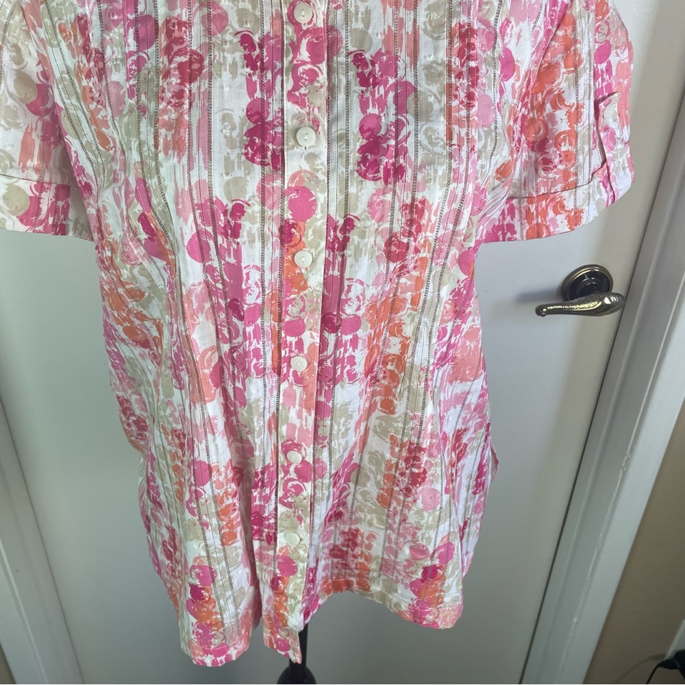 JM Collection Pink Multicolor Blouse Woman Top Shirt Hawaiian Button Up Size 10 - Picture 7 of 9